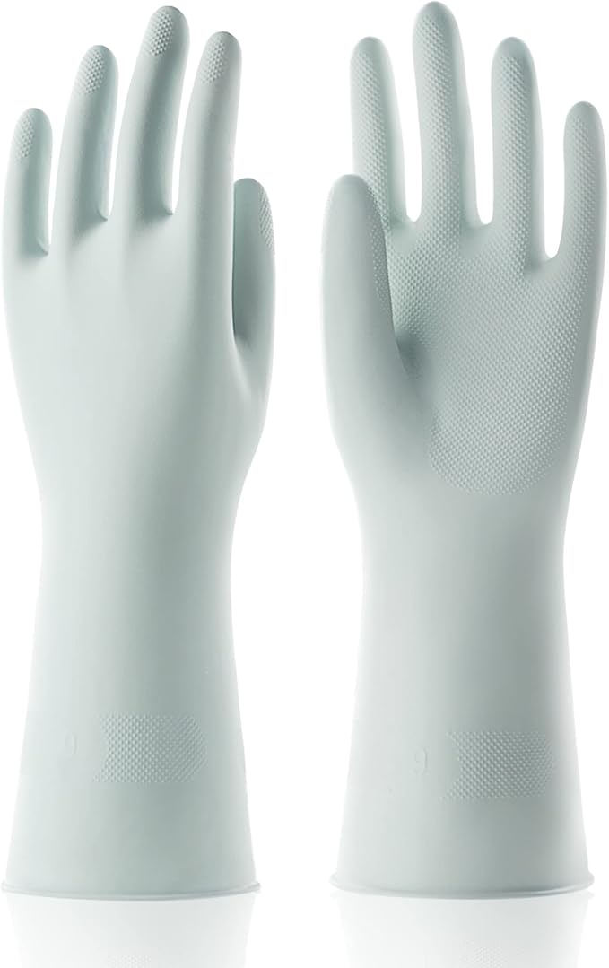 COOLJOB Medium Reusable Rubber Dishwashing Cleaning Gloves for Kitchen Bathroom, Non-Slip Grippy Long Dish Washing Gloves with Flocked Cotton Liner, Flexible Durable & Waterproof, Mint Green, 1 Pair