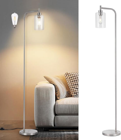 DLLT Floor Lamp Tall for Room: Nickel Standing Lamp with Clear Glass Lampshade for Living Room - Modern Bright Lamp for Bedroom - Industrial Corner Floor Lamps for Office 8W Led Bulb Included