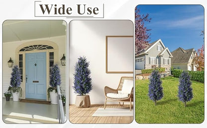 Christmas Artificial Lavender Cone Topiary Trees with Spike, 2 Pack UV Resistant & Anti Lodging Artificial Shrubs, 3FT Fake Evergreen Artificial Plant Brush for Indoor Outdoor Front Porch Garde
