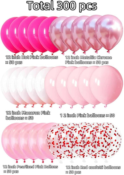 300 Pcs Pink Balloons 12 Inch Different Shades of Pink Party Balloon Set, Suitable for Wedding, Graduation, Birthday Party Various Event Decorations