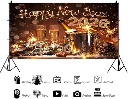 AOFOTO 15x8ft Happy New Year 2026 Backdrop Champagne Wine Beer Gold Sparklers Fireworks Bokeh Light Spot New Year's Eve Backdrop Banner Carnival Celebration Background Party Decorations Props