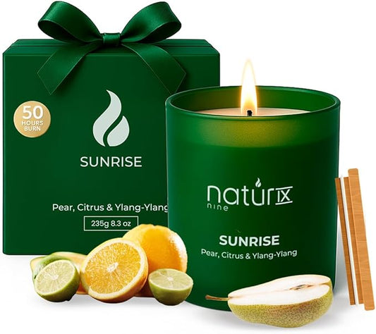 Natur IX Sunrise Scented Candles for Home | Pear,Citrus,YlangYlang | Natural Non Toxic Soy Candles with Essential Oils | 50h Long Burning