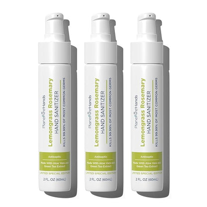 Lemongrass Rosemary Lotion Hand Sanitizer | Travel Size | Cleanse & Moisturize | Made with Aloe Vera & Essential Oils | Rich in Vitamin E | Lemongrass Essential Oil | Green Tea Extract | 3-Pack