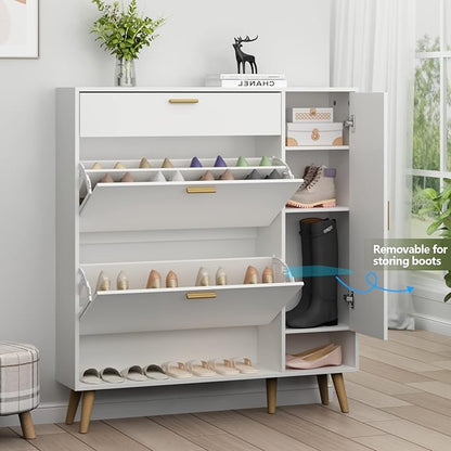 Shoe Rack Cabinet, Free Standing Shoes Storage Organizer Cabinet with 2 Flip Drawers, Entryway Narrow Shoe Rack Storage with Doors for Entryway