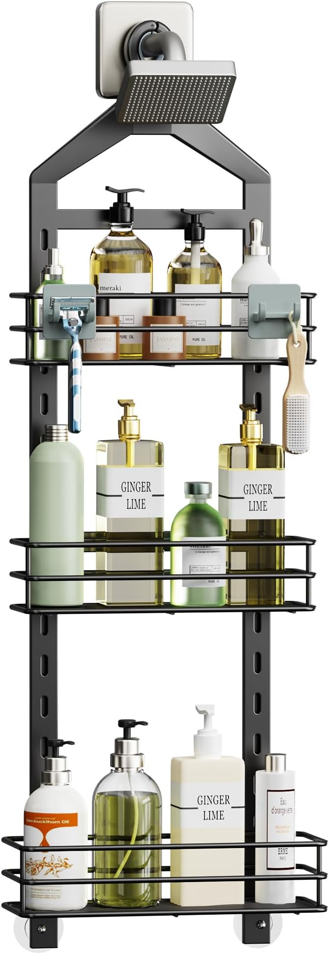 Orimade Adjustable Anti-slip Shower Caddy over Head, Rustproof Bathroom Hanging Organizer with 2 Hooks for Razor, No Drilling Shower Shelves Storage Rack 3 Tier, Black