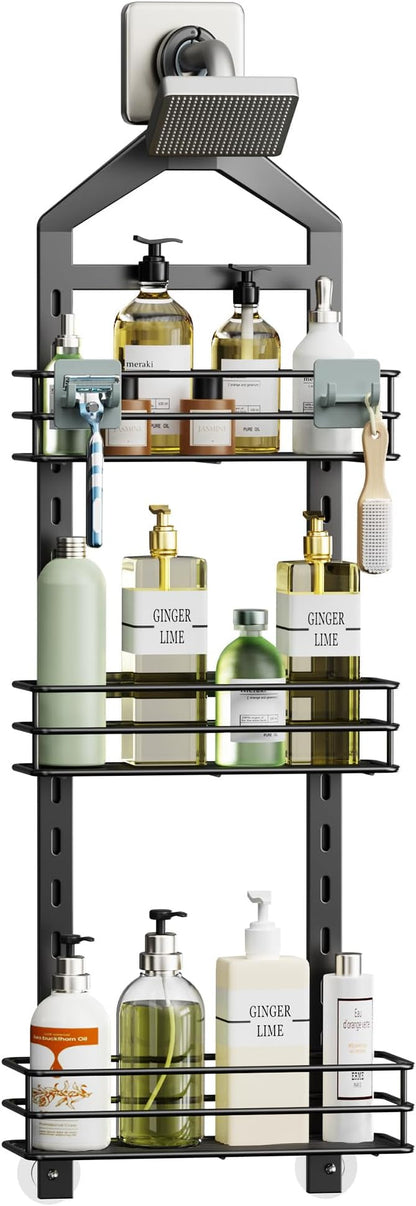 Orimade Adjustable Anti-slip Shower Caddy over Head, Rustproof Bathroom Hanging Organizer with 2 Hooks for Razor, No Drilling Shower Shelves Storage Rack 3 Tier, Black