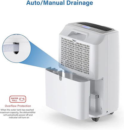 Yaufey 2500 Sq. Ft Home Dehumidifier for Medium to Large Rooms and Basements with Auto or Manual Drainage, 0.48 Gallon Water Tank Capacity - Low Noise and 24 Hr Timer