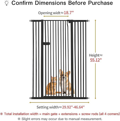 Lumizone Extra Tall Cat Gate 55.12" High Pressure Mounted Extra Wide 2025 New (17 Sizes) 1.37" Gap No Drilling Auto-Close One-Handed Operation Tall Pet Gate for Dogs(Black, 55.12" H x 29.92"-46.64" W)