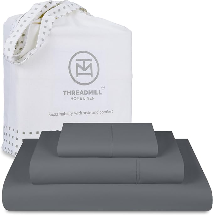 Threadmill 100% Cotton Sheets for King Size Bed - 600 Thread Count King Bed Sheets Set with 16” Deep Pocket - Sateen Weave 4-Piece Bedding Set with Cooling Effect, Dark Grey