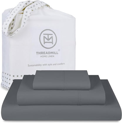Threadmill 100% Cotton Sheets for King Size Bed - 600 Thread Count King Bed Sheets Set with 16” Deep Pocket - Sateen Weave 4-Piece Bedding Set with Cooling Effect, Dark Grey
