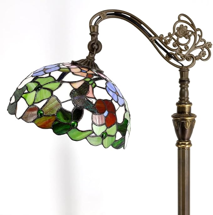 Tiffany Floor Lamp Stained Glass Lamp 18.88X12X67 Inch Angle Adjustable Arched Gooseneck Antique Reading Light (Butterfly Flowers)