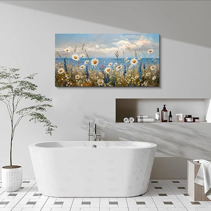 Wapluam Blue Ocean Canvas Wall Art for Living Room Wall Decor For Bedroom Bathroom Decoration Natural Seascape Painting Modern Office Wildflowers Artwork Large Pictures Home Decor Ready To Hang