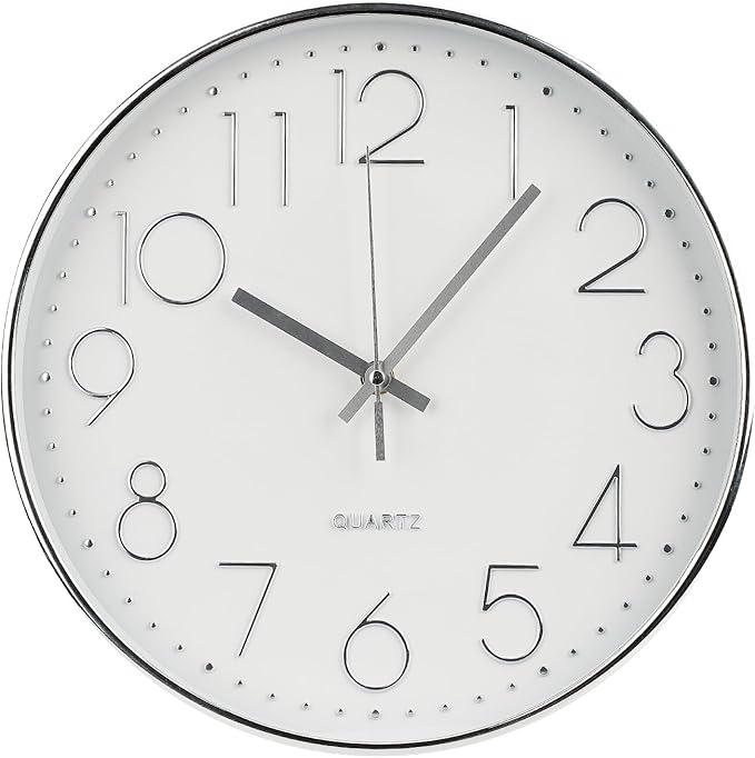 Wall Clock Non-Ticking Silent Modern Simple Style Round Decor Clock Stereoscopic Dial Quartz Wall Clocks for Home/Office/School/Living Room/Bedroom/Kitchen (Silver, 8inch)