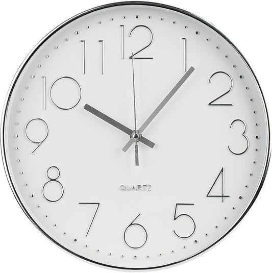 Wall Clock 10 Inch Non-Ticking Silent Modern Simple Style Round Decor Clock Silver Stereoscopic Dial Quartz Wall Clocks for Home/Office/School/Living Room/Bedroom/Kitchen
