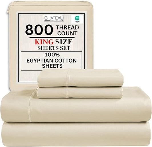 King Sheets Deep Pocket King Sheet Set,100% Cotton Bed Sheets, 800 Thread Count 4 PC Sateen Weave Luxury Bedding Sheet & Pillowcase Sets, Soft & Comfy Naturally Cool, No Pill Machine Washable- Ivory