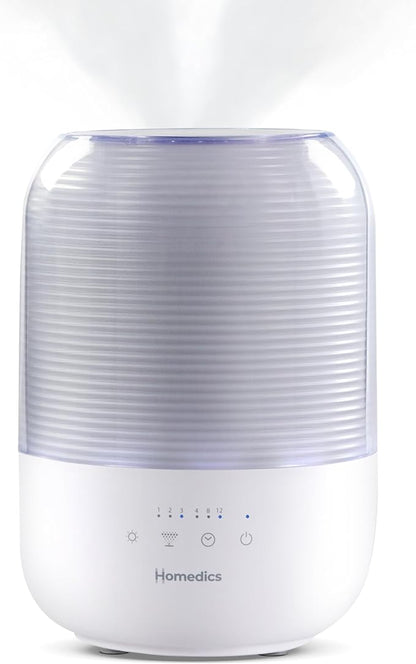 Homedics Ultrasonic Cool Mist Humidifier, Top-Fill 3L Water Tank, Covers 395 sq. ft, 35-Hour Runtime, 3 Mist Settings, Clean Tank Tech, Auto-Off, Night Light, Quiet