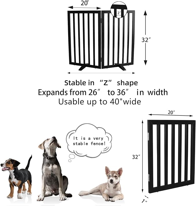 Dog Gate Indoor, Freestanding Dog Fence for The House, Doorways, Hallways,or Stairs,Pet Gate Foldable Wooden,Expandable 32" Height 2 Panels,Black