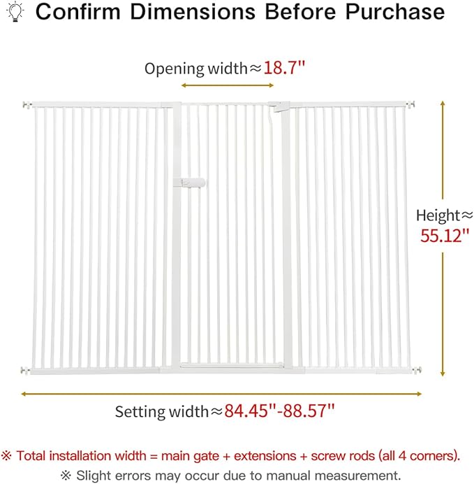 Lumizone Extra Tall Cat Gate 55.12" High Pressure Mounted Extra Wide 2025 New (17 Sizes) 1.37" Gap No Drilling Auto-Close One-Handed Operation Tall Pet Gate for Dogs(White, 55.12" H x 84.45"-88.57" W)