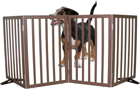Dog Gate Indoor, Freestanding Dog Fence for The House, Doorways, Hallways,or Stairs,Pet Gate Foldable Wooden,Expandable 32" Height 4 Panels,Brown