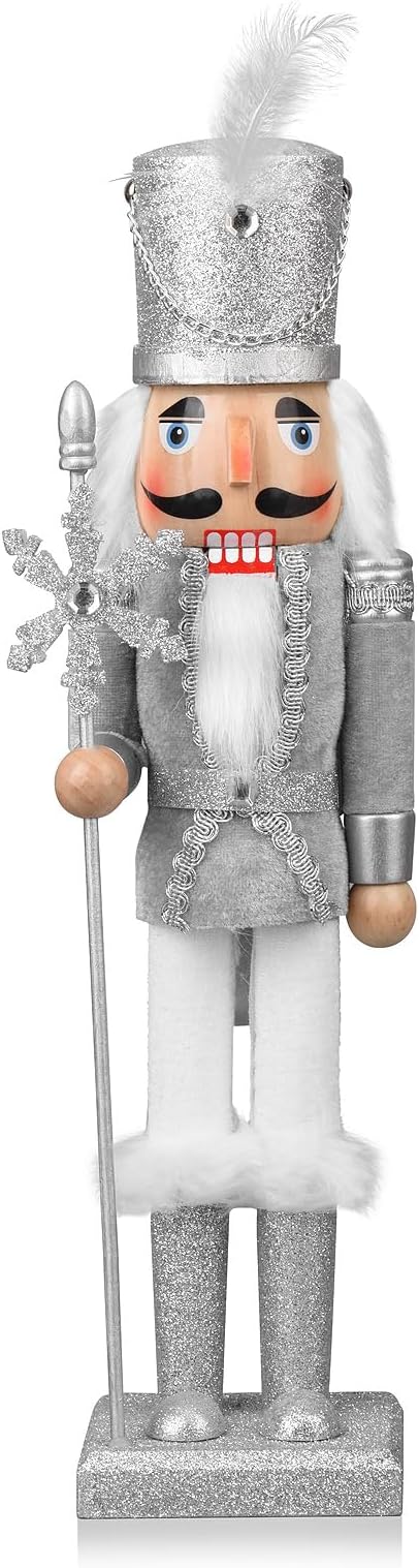 Wooden Christmas Soldier Nutcracker Decorations, 15 Inch Nutcracker Figure Christmas Decor for Shelves and Tables (Silver)