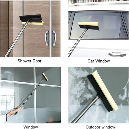 Long Handle Window Squeegee,2 in 1 Window Cleaning Car Squeegee,Windshield Squeegee with Cleaning Sponge and Rubber
