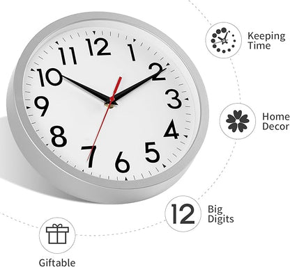 12 Inch Wall Clock Battery Operated Silent Non Ticking Analog Modern Decorative for Office Kitchen Outdoor Living Room Classroom Bedroom Bathroom School(Silver)
