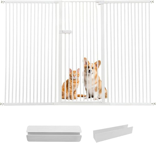Lumizone Extra Tall Cat Gate 55.12" High Pressure Mounted Extra Wide 2025 New (17 Sizes) 1.37" Gap No Drilling Auto-Close One-Handed Operation Tall Pet Gate for Dogs(White, 55.12" H x 84.45"-88.57" W)