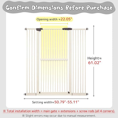 Lumizone Extra Tall Cat Gate 61.02" High Pressure Mounted Extra Wide 50.79"-55.11" (17Sizes) 1.37" Gap No Drilling Auto-Close Tall Pet Gate for Dogs (Cream, 50.79"-55.11" W)