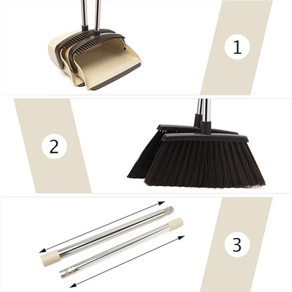 Broom and Dustpan Set, Dustpans with Broom Combo for Home, Heavy Dust Broom and Dustpan Combo, Long Handle Dust Pan and Broom Set for Kitchen, Office, Pet Hair,Beige, Pack of 1