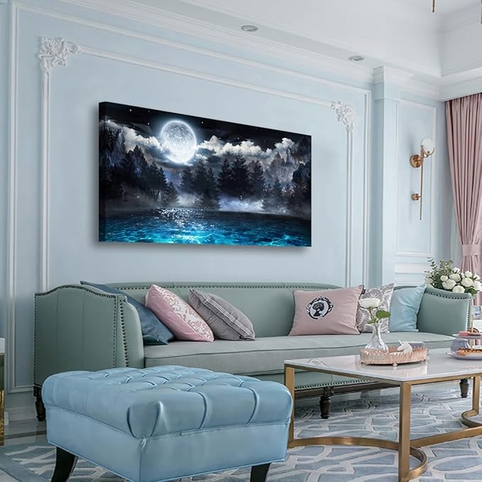 Moon Ocean Pictures Canvas Wall Art for Living room Office Bedroom Wall Decor,Ocean Wall Art Print Paintings Modern Mystery Cloud Forest Blue Lake Artwork Waterproof Ready to Hang-28X57 inch