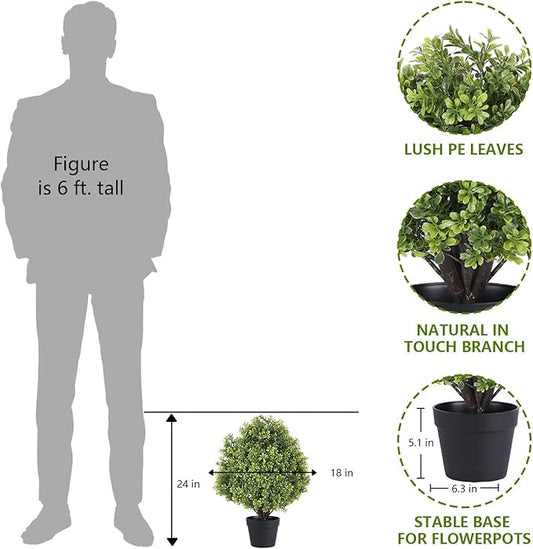 THE BLOOM TIMES 2ft Faux Boxwood Plants Outdoor Set of 2, 24" Tall UV-Resistant Artificial Evergreen Topiary Ball, Fake Potted Greenery Bushes & Shrubs for Front Porch Planter, Patio Outside Decor