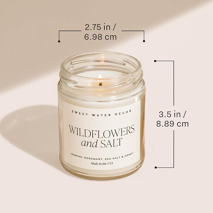 Sweet Water Decor Wildflowers and Salt Patterned Candle – Soy Candles with Rosemary, Lily, Honey, Violet, Amber, Musk Aroma– 40 Hour Burn – 9oz Clear Glass Jar – Ideal for Valentines Presents
