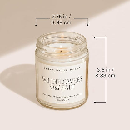 Sweet Water Decor Wildflowers and Salt Patterned Candle – Soy Candles with Rosemary, Lily, Honey, Violet, Amber, Musk Aroma– 40 Hour Burn – 9oz Clear Glass Jar – Ideal for Valentines Presents