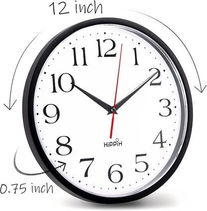 HIPPIH 2 Pack Silent Wall Clock, 12 Inch Non Ticking Quiet Digital Sweep Decorative Battery Operated Wall Clocks for Living Room Bedroom Kitchen School Office Decor, Black