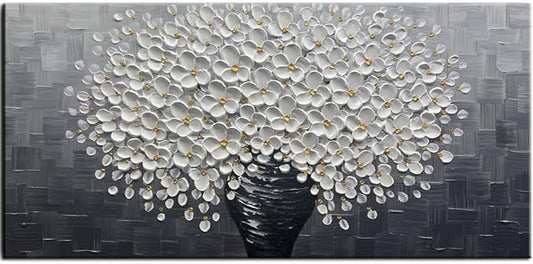 YaSheng Art - White Flower Oil Painting on Canvas 3D Thick Texture Black and White Floral Vase Canvas Wall Art Modern Abstract Art Home Bedroom, Dining Room, Living Room, Office Wall Decor 24x48inch