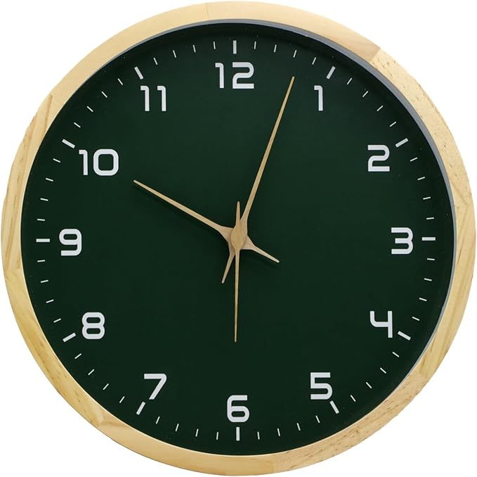 MEIRED Wooden Wall Clock 12 Inch Silent Non Ticking Wall Clocks Battery Operated Wood Analog Retro Round Clock Decorative for Kitchen,Home,Living Room,Classroom, Log Green
