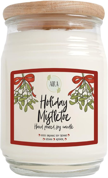 Aira Holiday Soy Candles - Organic, Kosher, Vegan, in Farmhouse Jar w/Essential Oil Blends - Hand-Poured 100% Soy Candle Wax - Paraffin Free, 150+ Hours - Holiday Mistletoe Christmas Candle -20 Ounce