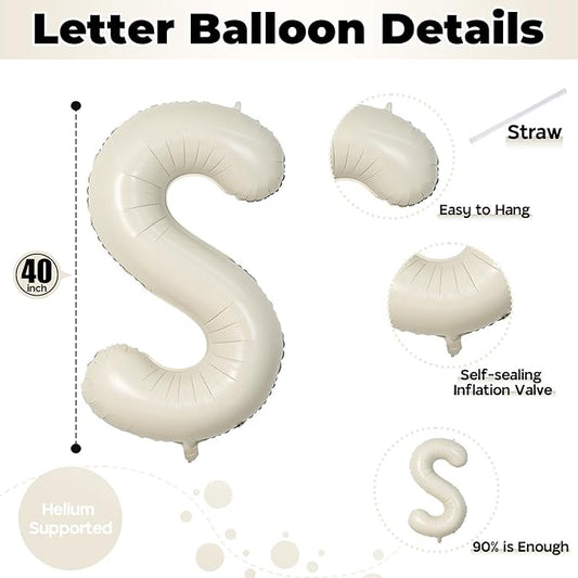 Giant Alphabet S Foil Balloons, Nude Cream White Custom Mylar Letters Balloon Birthday Decor, 40 Inch Helium Self Inflating Beige S Name Balloons Letter for Girls Baby Shower Party Decoration Supplies