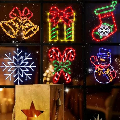 16" Christmas Window Silhouette Lights Decorations - 6 Pack Colour Lighted Candy Cane ＆ Snowman ＆ Christmas Stocking ＆ Bell ＆ Gift Box ＆ Snowflake for Holiday Wall Door Window Decorate