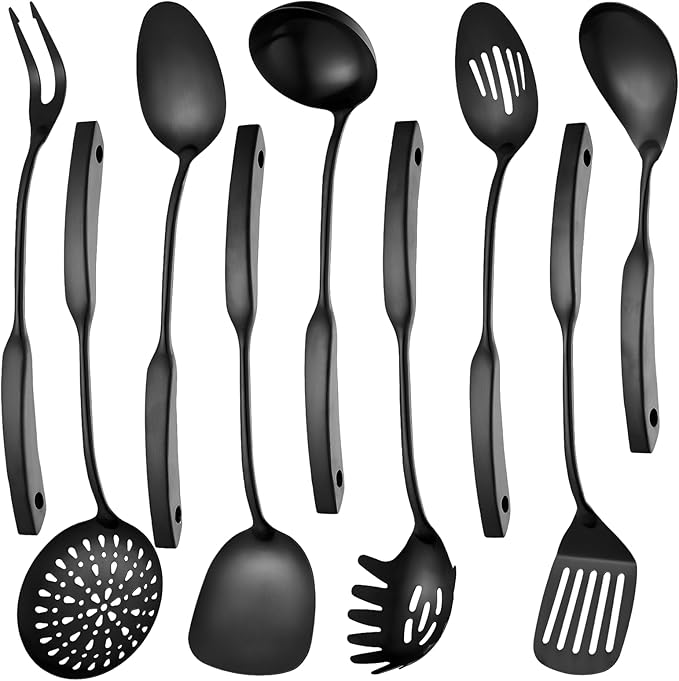 304 Stainless Steel Kitchen Utensils Set 9 Pcs Cooking Utensil Set, 15 Inches All Metal Cooking Tools Wok Kitchen Cookware Set with Spatula Useful Pots and Pans Accessories