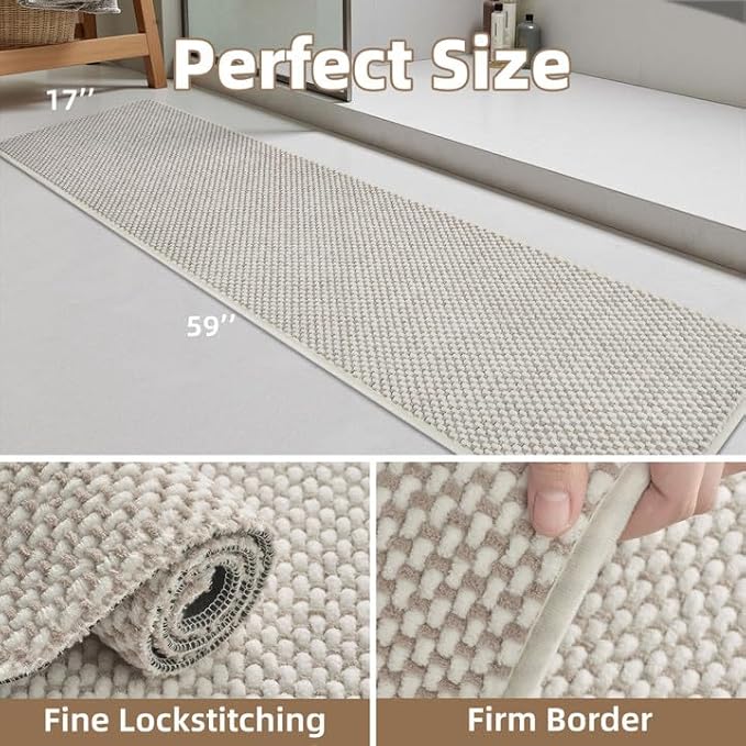 PADOOR-Bath Mat Runner-Super Absorbent Chenille Bathroom Mats-Rubber Backed Bath Mats for Bathroom Non Slip, Easy Clean Bathroom Runner Rugs Front of Bathtub,Shower Room,Sink-17×59, Beige&Cream