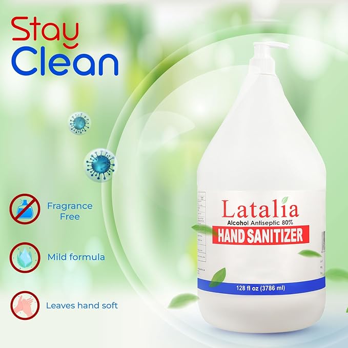 Latalia large Hand Sanitizer Pump 128 fl oz – Pack of 4 with 80% Alcohol Moisturizing Hand Sanitizer Refill Gallon for Home & Office, Unscented Clean Gel, Drying & Non-Sticky for Daily Hand Hygiene