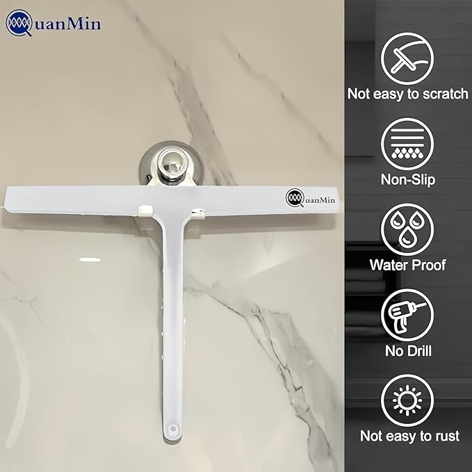 Upgraded 9 Inch Shower Squeegee with Hook - Stainless Steel Core & Silicone Blade | Multi-Purpose Glass Wiper for Shower Doors, Windows, Ceramics - Rounded White