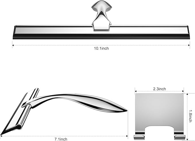 peafowl 10 inch Shower Squeegee Stainless Steel Bath Squeegee for Shower Glass Doors Bathroom Windows Kitchen Mirror and Car Glass with Hooks Holder (10 inch, Silver)