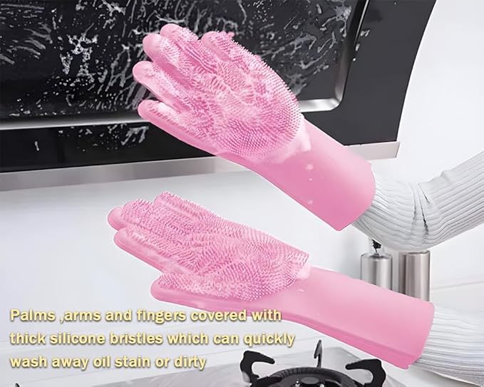 2 pairs Silicone Dishwashing & Pet Grooming Gloves - 2-in-1 Heat Resistant Gloves with High-Density Teeth, Enhanced Five Finger Design for Bathing, Cleaning Dishes, Cars, Dogs & Cats (Pink)