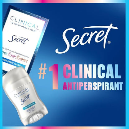 Secret Clinical Strength Antiperspirant Deodorant for Women, 3X Stress Protection, 72hr Sweat & Odor Protection, PH Balancing Minerals, Clear Gel, Completely Clean Scent, 2.6 oz
