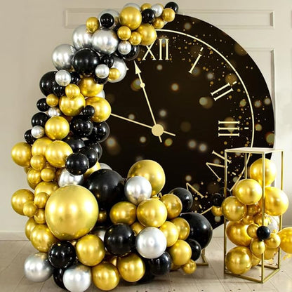 7.5x7.5ft Vintage Black Gold Clock Round Backdrop Cover Happy New Year Photography Background for New Year Eve Party New Year's Countdown Family Party Congrats Grad Celebration Portrait Supply