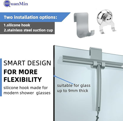 9 Inch Rounded Shower Squeegee with Hook & Suction Cup | Stainless Steel Core Silicone Wiper for Glass, Ceramic Doors & Windows - Grey Multi-Use Tool