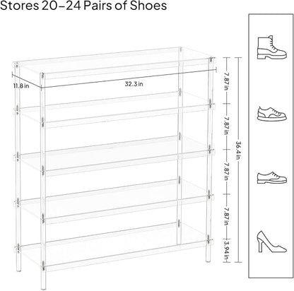 Aquiver 5 Tier Acrylic Shoe Rack - Closet Shoe Rack Shoe Organizer for Entryway, Stores 20 Pairs of Shoes, 32.3'' L x 11.8'' W x 36.4'' H