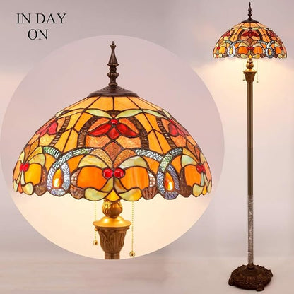 WERFACTORY Tiffany Floor Lamp Orange Liaison Stained Glass Standing Reading Light 16X16X64 Inches Antique Pole Corner Lamp Decor Bedroom Living Room Home Office S617 Series